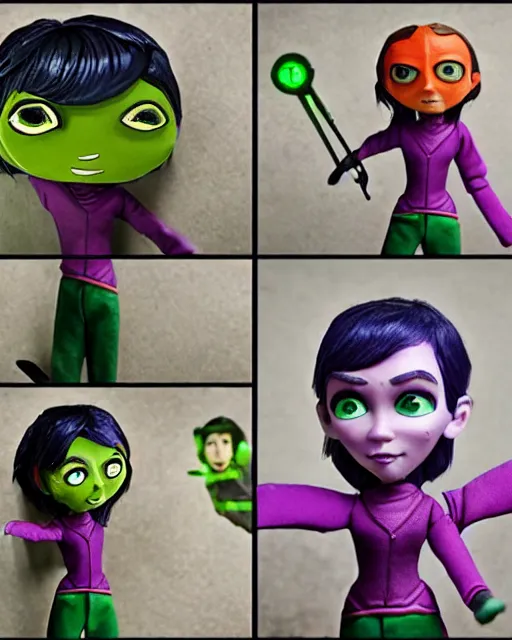 Image similar to actress ruby rose as the purple skinned green lantern soranik natu, as a highly detailed stop motion puppet, in the style of laika studios ’ s paranorman, coraline, kubo and the two strings shot in the style