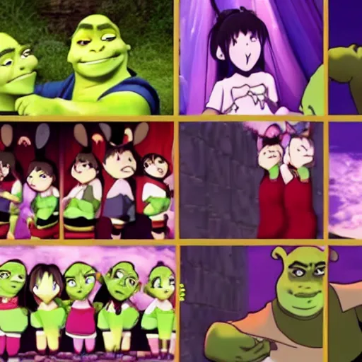 Prompt: shrek anime opening, anime styled edit, anime