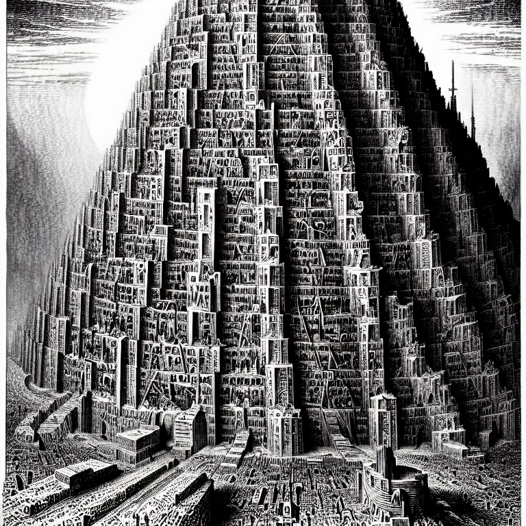 Prompt: the tower of babel. extremely high details, perfect face, black and white, masterpiece, magnum opus engraving by gustave dore, jean giraud, philippe druillet