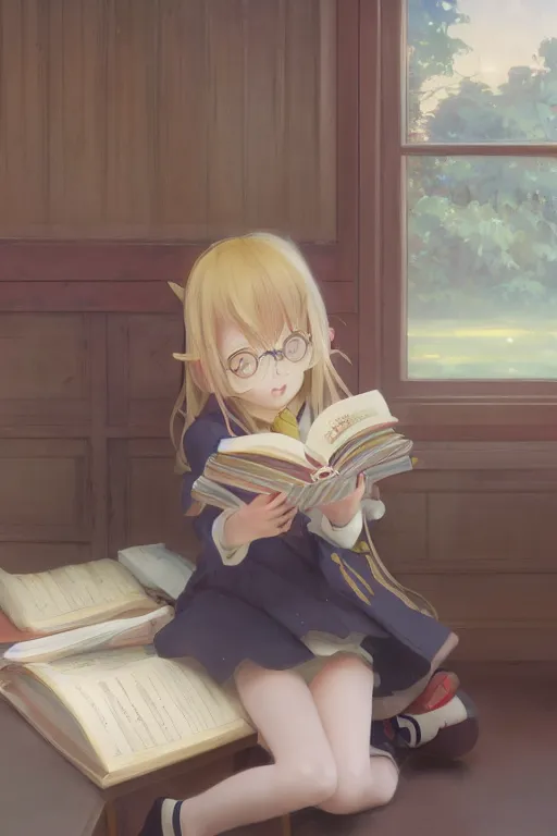 Prompt: a loli with blonde long hair in a jk uniform outfit in the class room reading a book in after noon, warm theme, by krenz cushart and mucha and akihito yoshida and greg rutkowski and makoto shinkai, detailed eyes, 4 k resolution 、 trending on art station