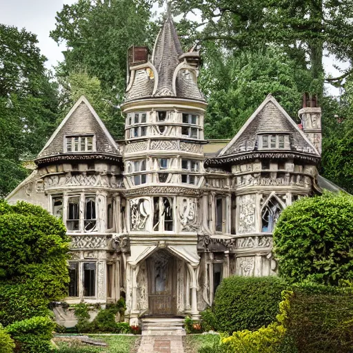 Image similar to This image is of an ornate fantasy house. It has a large, turreted main house with a smaller house attached. Both houses are adorned with intricate carvings and detailed stonework. There is a large garden with fanciful topiary and a stone path leading up to the front door. Photography.