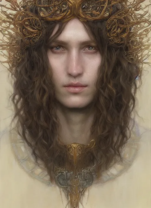 Prompt: Druid portrait, by Jean Delville and Sophie Anderson and Mandy Jurgens, golden ratio, perfect composition, elegant, no crop, extremely detailed, hd, masterpiece, artstation