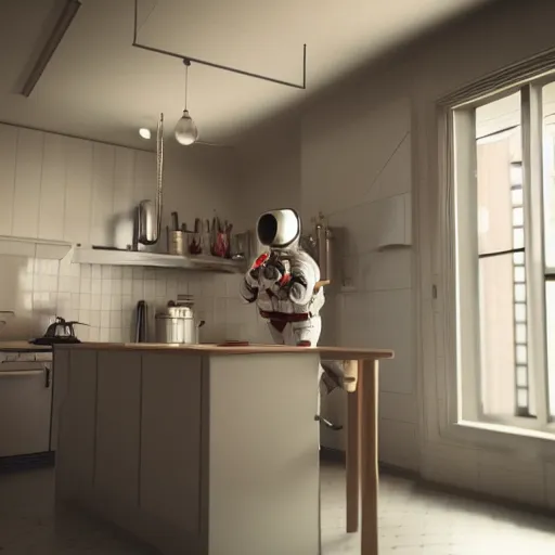 Image similar to a beautiful photo of an astronaut waiting in the kitchen, soft light, morning light, photorealistic, realistic, octane, 8k, cinematic shot