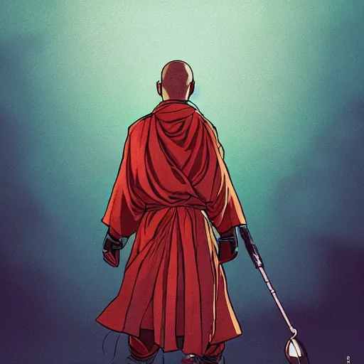 Prompt: portrait of the back of a monk with a mace, standing in front of a solid color background, Borderlands and by Feng Zhu and Loish and Laurie Greasley, Victo Ngai, Andreas Rocha, John Harris
