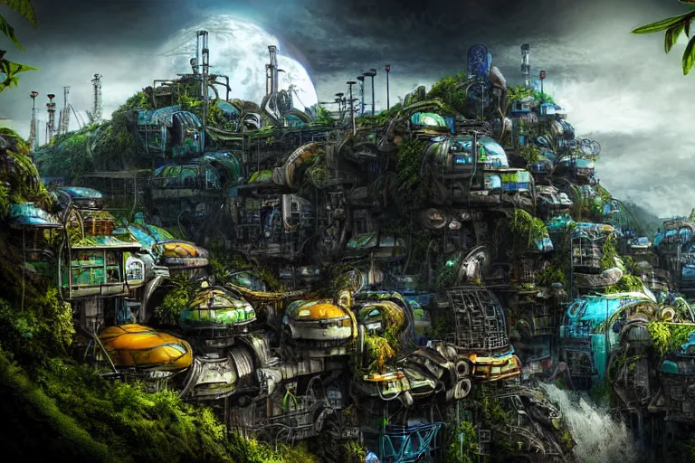 Image similar to sci - fi favela sculpture, fantasy jungle environment, industrial factory, cliffs, sunny, milky way, award winning art, epic dreamlike fantasy landscape, ultra realistic,