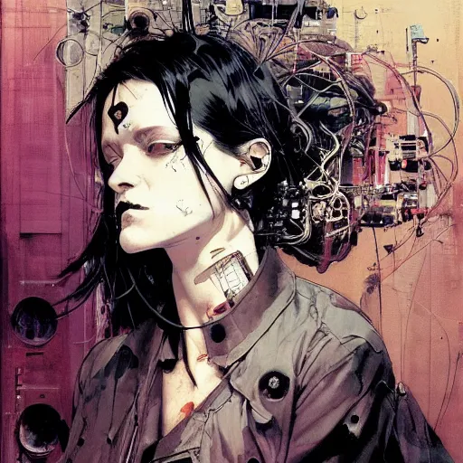 Prompt: a female cyberpunk noir detective, skulls, wires cybernetic implants, machine noir grimcore, in the style of adrian ghenie esao andrews jenny saville surrealism dark art by james jean takato yamamoto and by ashley wood and mike mignola