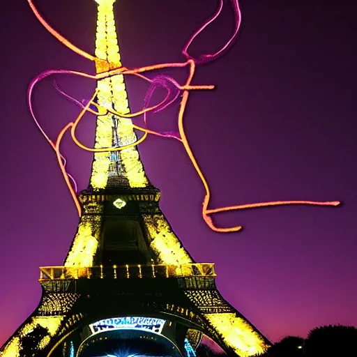 Image similar to Eiffel Tower covered in purple lovecraftian tendrils and glowing orange eyes