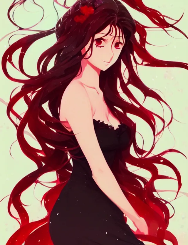 Prompt: a ultradetailed beautiful panting of rin tohsaka with flowing hair, full body portrait, black hair, slim, by conrad roset, greg rutkowski and makoto shinkai, rin, red dress, fate, trending on artstation