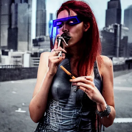 Prompt: cyberpunk woman in a city smoking a cigarette