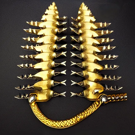 Image similar to female functional practical body armor steel gold medieval draconic spikes shiny realistic photo 4k