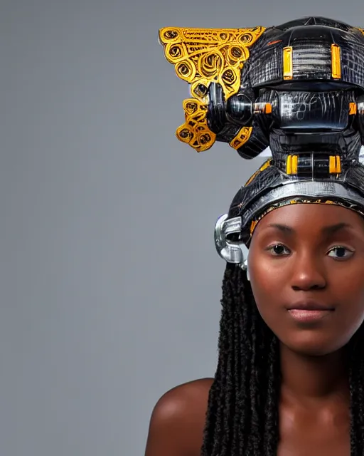 Image similar to centered medium shot fine studio photograph of a beautiful black girl wearing only a mecha Maasai helmet with bright lights, ultra-realistic, white background, 8k HDR sunset lit, intricate