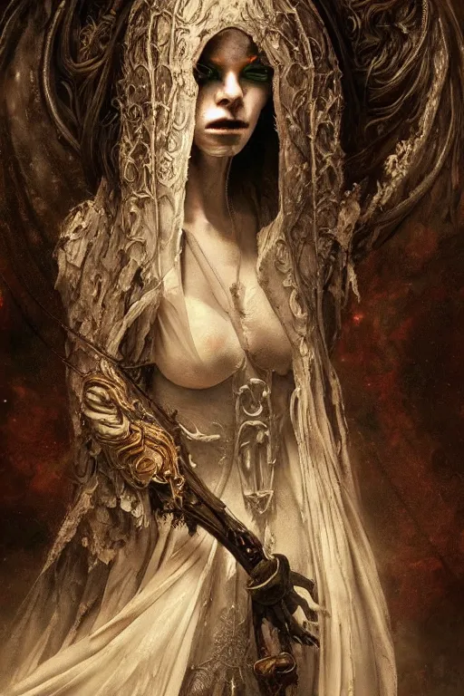 Prompt: breathtaking detailed soft painting of grim reaper in gauze dress, with long hair and piercing eyes in bleeding meat, in an intricate medieval stained glass moon, rembrandt style, elegant, highly detailed, artstation, concept art, matte, sharp focus, art by tom bagshaw, luis royo and greg rutkowski