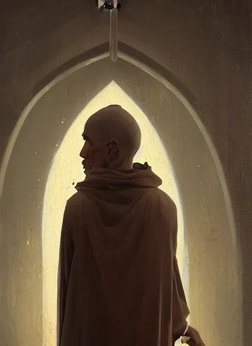 Image similar to oil painting of a weeping tonsured dominican monk in a brown habit, kneeling in a dark empty chapel, hazy, digital art, artstation, cinematic, golden hour, digital art painting by greg rutkowski, cozy atmosphere, cinematic lighting