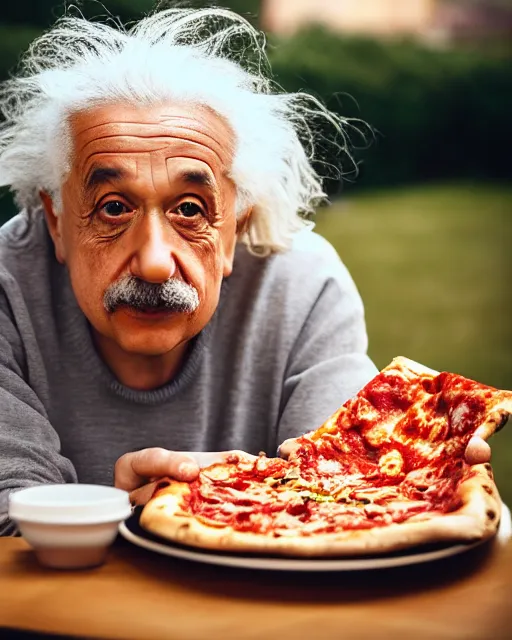 Prompt: A photo of Albert Einstein eating pizza , highly detailed, trending on artstation, bokeh, 90mm, f/1.4