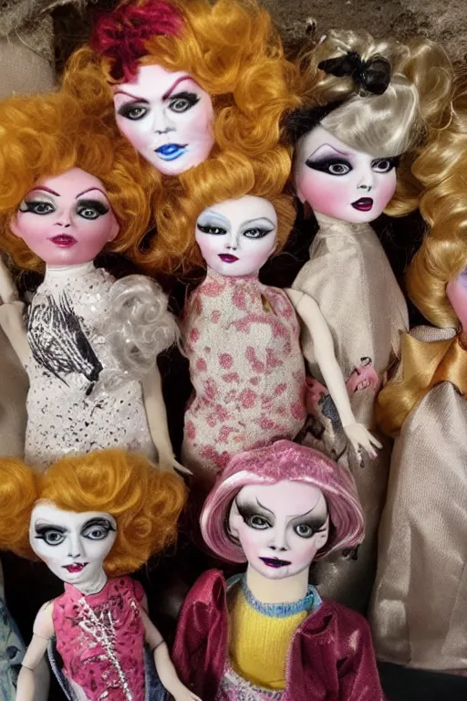 Prompt: drag queen ceramic dolls in creepy attic