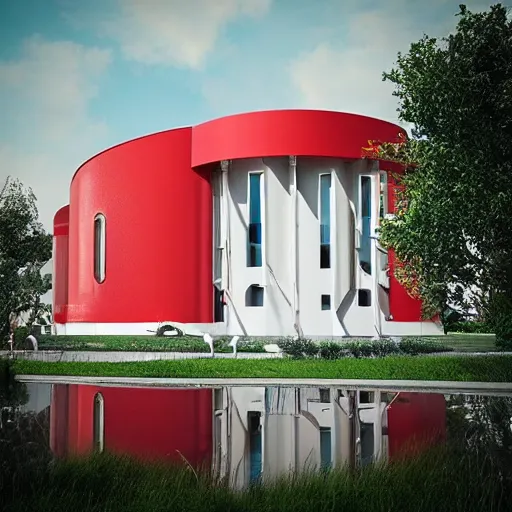 Image similar to “beautiful extreme high-tech factory building with trees sprouting from its high white and red chimneys with pipes shaped like a poset diagram, rendered in octane 3d high resolution, digital art, ultra realistic, ultra detailed, masterpiece”