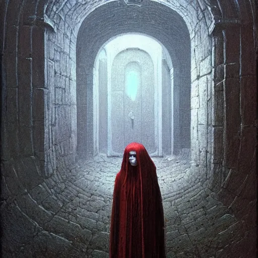 Image similar to cute girl in necromancer crypt by beksinski