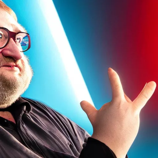 Prompt: Gabe newell enters the metaverse, futuristic, cyber, striking, impactful, colorful