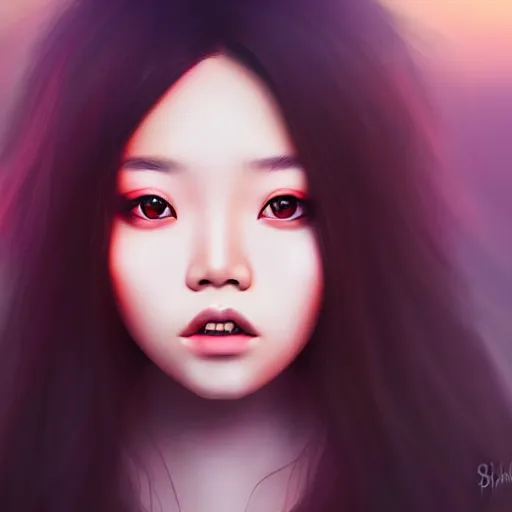 Image similar to a Photorealistic dramatic hyperrealistic bright eyes, Asian girl, beautiful hair, by Sam yang, samdoesart, Beautiful dynamic dramatic bright sunset lighting,shadows,cinematic atmosphere,Artstation,concept design art, digital painting, 8k