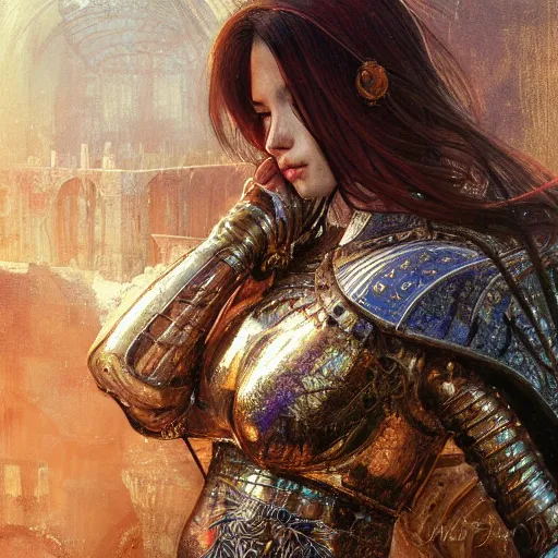 Prompt: portrait knights of Zodiac girl, metallic black and reddish color reflected armor, in ruined Agora of Athens, ssci-fi, fantasy, intricate, very very beautiful, elegant, golden light, highly detailed, digital painting, artstation, concept art, smooth, sharp focus, illustration, art by WLOP and tian zi and alphonse mucha