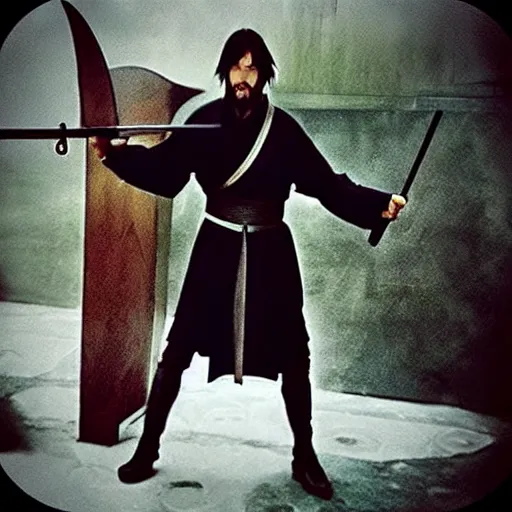 Image similar to Keanu Reeves “Samurai Jack” cosplay sword fight for Pope Jack Blacks entertainment