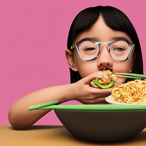 Prompt: portrait of a young girl eating ramen, hyperealistic, 3 d, angular
