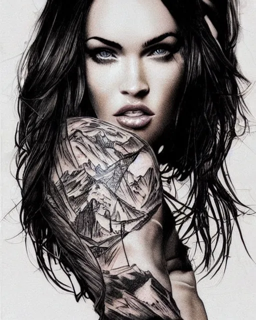 Image similar to double exposure effect tattoo design sketch of megan fox with amazing mountain scenery, realism tattoo, in the style of den yakovlev, amazing detail, sharp