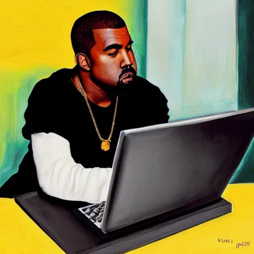 Prompt: kanye west in a bumblebee costume drinks coffee in front of a laptop, highly detailed, masterpiece, renaissance, oil on canvas
