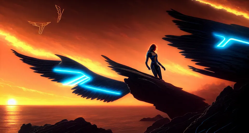 Image similar to tron legacy wings in front mind bending sunset, cliffside ocean scene, backlit, aesthetic, elegant, diffuse lighting, hyper realistic, elegant, intricate, hyper detailed, smooth, sharp focus, concept art, illustration, trending on artstation, art by artem demura, greg rutkowski, james gurney, and alphonse mucha