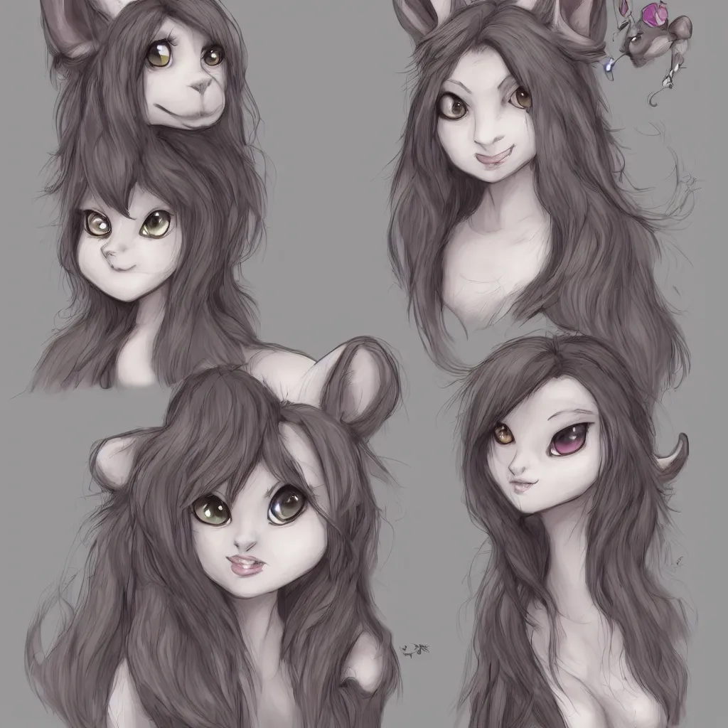 Image similar to 3/4 headshot of young female furry, D&D, cute, fantasy, intricate, long hair, grey skin, mouse face, mouse nose, mouse head, mouse ears, black hair, elegant, highly detailed, cartoony, artstation, concept art, smooth, sharp focus, illustration, art by Diives