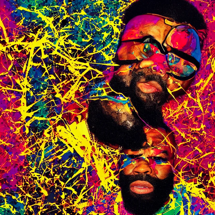 Image similar to mr. t pitying all the fools, hyper color, stylized photo, gold chains, digital art