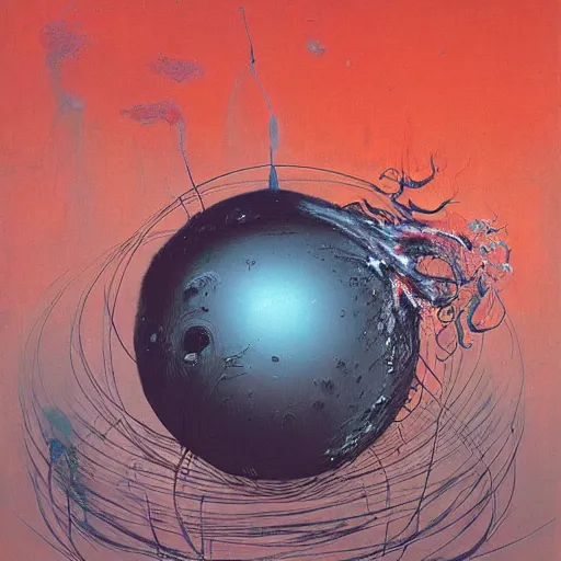 Image similar to a sphere being devoured by abstract splatters of paint in the style of francis bacon, venus being engulfed in flames in the style of james jean, surreal, beksinski, high detailed