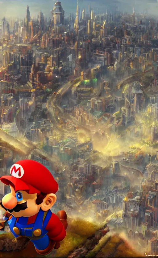 Image similar to a painting of mario, a city in the background, ultra detailed, high fantasy, 4 k, trending on artstation, cinematic, concept design