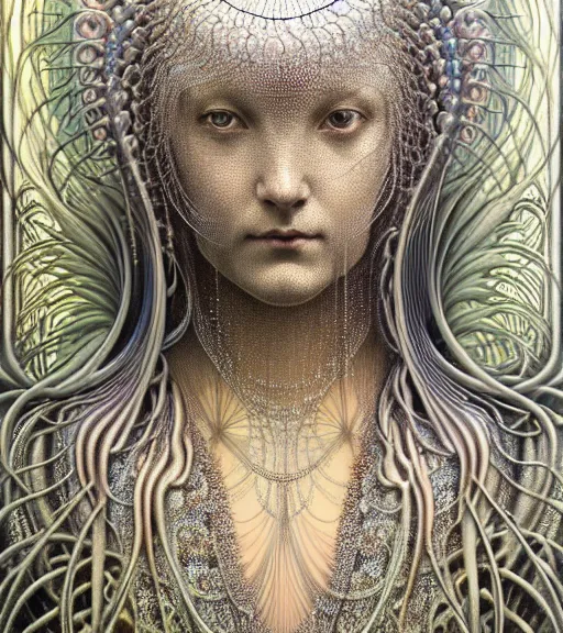 Prompt: detailed realistic beautiful anodized titanium goddess face portrait by jean delville, gustave dore, iris van herpen and marco mazzoni, art forms of nature by ernst haeckel, art nouveau, symbolist, visionary, gothic, neo - gothic, pre - raphaelite, fractal lace, intricate alien botanicals, biodiversity, surreality, hyperdetailed ultrasharp octane render