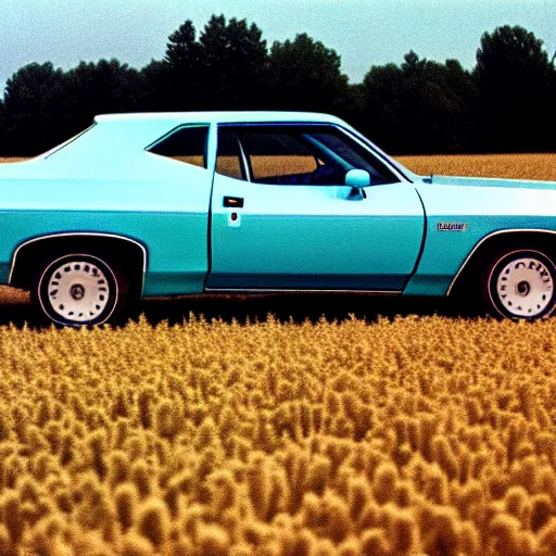 Image similar to A photograph of a beater faded Powder Blue Dodge Aspen (1976) in a farm field, photo taken in 1989