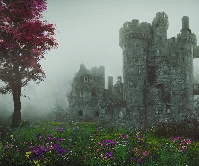 Image similar to old rundown castle in the middle of a haunted forest, foggy, high fantasy, colorful flowers, aged vegetation, photorealism, perfect composition