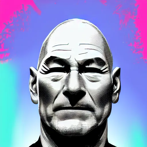 Prompt: a portrait of the head of patrick stewart on the body of hulk hogan, sharp focus, vector, 4 k