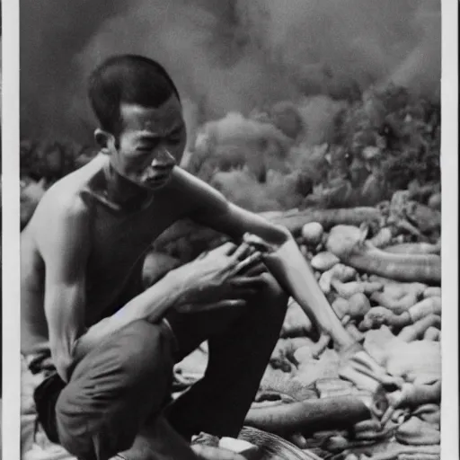 Image similar to Thích Quảng Đức burns himself to death, black and white photograph, 1963