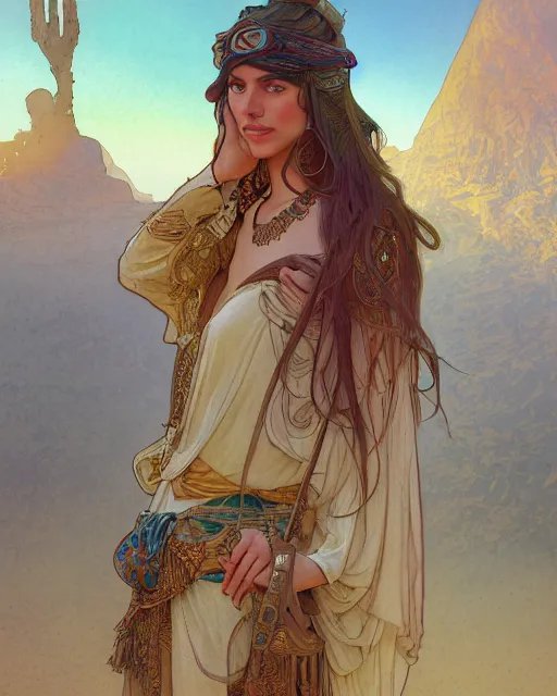 Prompt: bedouin in the desert, highly detailed, gold filigree, romantic storybook fantasy, soft cinematic lighting, award, disney concept art watercolor illustration by mandy jurgens and alphonse mucha and alena aenami, pastel color palette, featured on artstation