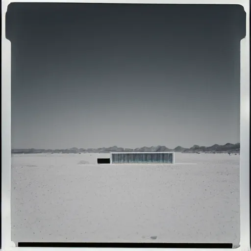 Image similar to impossibly large concrete structure in the distance, middle of the desert, minimalist architecture, megalophobia, foggy, old polaroid, expired film,