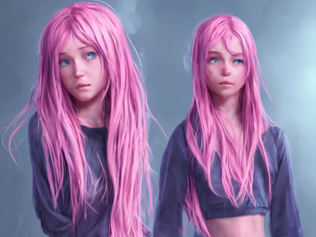 Prompt: concept art for the main character in the award winning film named life is better in pink. the character is a unnaturally beautiful teenage girl with deep blue eyes and pink dyed hair, wearing only light pink clothes. cg render, high key lighting, trending on art station, vibrant colors.