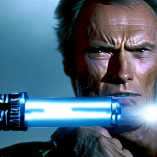 Prompt: clint eastwood holding blue lightsaber in star wars episode 3, 8k resolution, full HD, cinematic lighting, award winning, anatomically correct