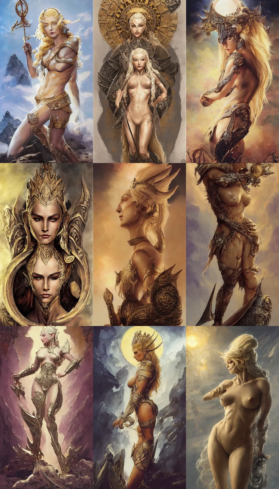 Prompt: A mixed media painting of the beautiful blonde goddess of the sun, very aesthetic, curvy, detailed face, elven armor, by Frank Frazetta, Greg Rutkowski, Boris Vallejo, Beeple, Yoko Taro, Christian MacNevin, epic fantasy character art, goddess of anger, viking runes, high fantasy, CGsociety, full length, exquisite detail, post-processing, masterpiece, cinematic, odin's stone arena background