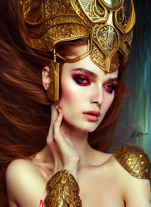 Prompt: glamorous saudi, seductive eyes and face, elegant, lascivious pose, very detailed face, studio lighting, photorealism, wearing futuristic armor , portrait by Magali Villeneuve and Steve Argyle,Livia Prima,Mucha,dress,fantasy art,beautiful,artstation,trending on artstation,intricate details,alluring,masterpiece