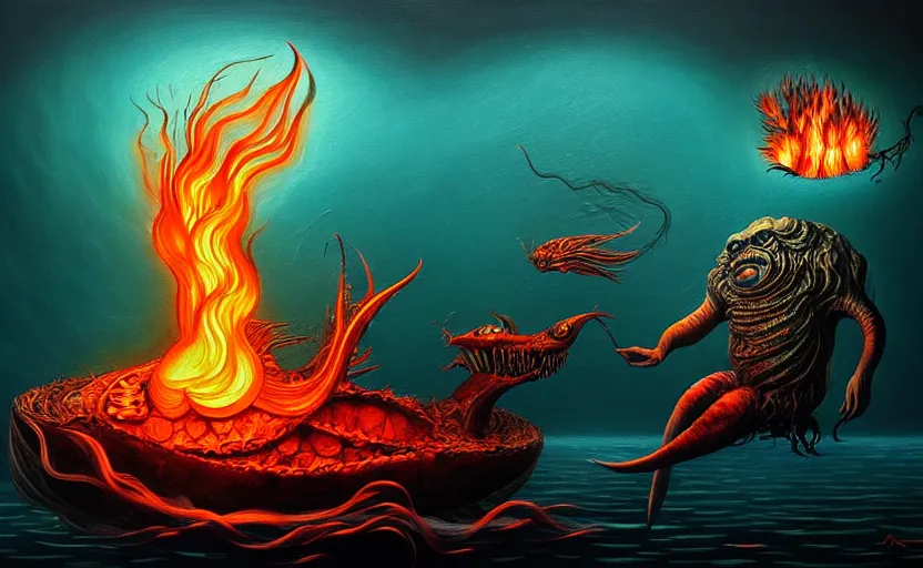 Image similar to mysterious bestiary of wild emotion monsters repressed in the deep sea of unconscious of the psyche lead by baba yaga, about to rip through and escape in a extraordinary revolution, dramatic fire glow lighting, surreal painting by ronny khalil