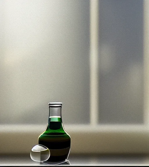 Image similar to a 4 k photorealistic photo of a bottle on a desk infront of a window. good reflections.