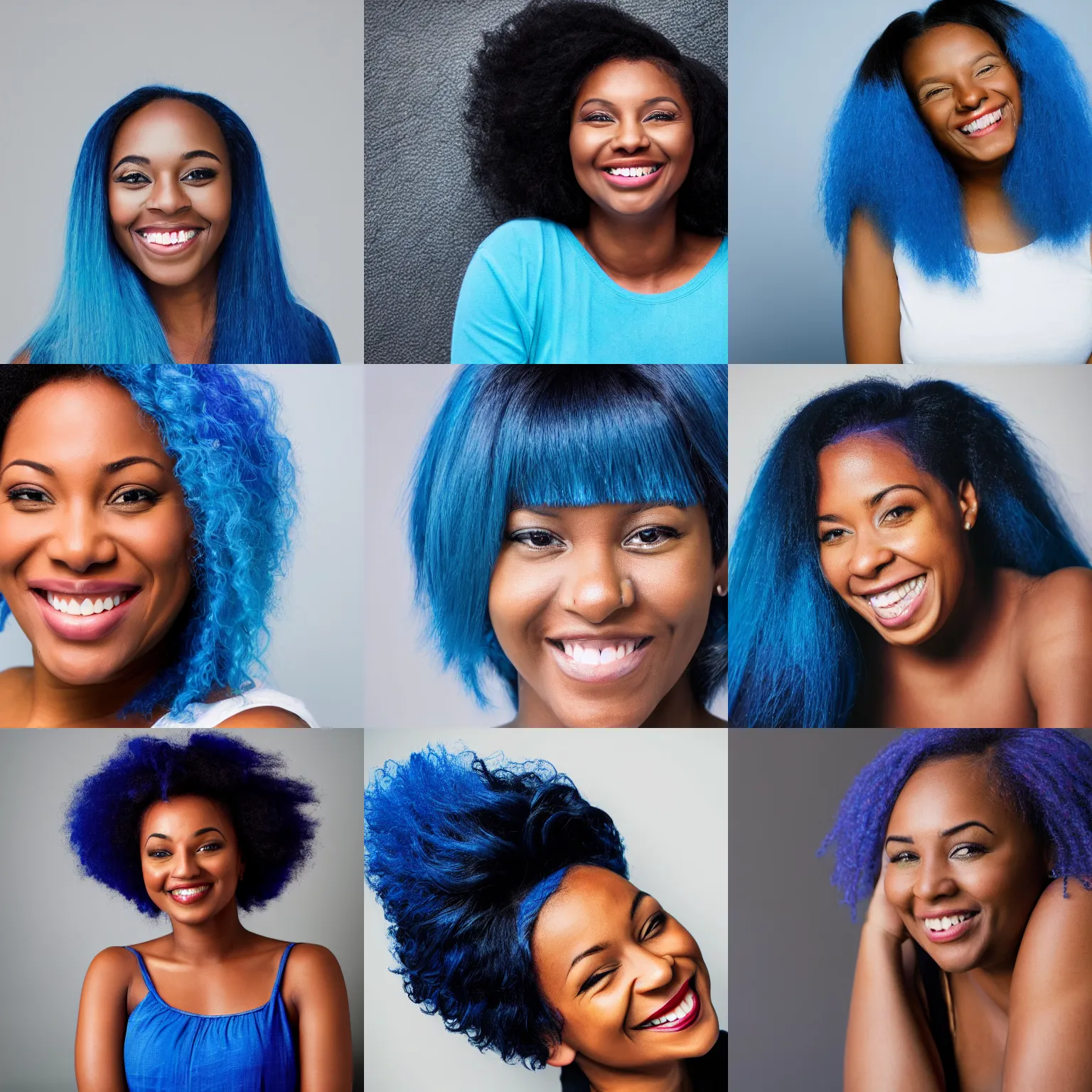 Prompt: photo of a single black woman with blue hair smiling, portrait, realistic, photograph
