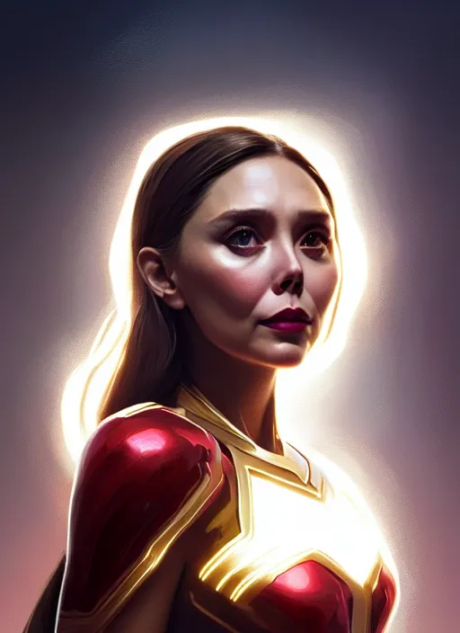 Image similar to portrait of modern darna, elizabeth olsen, intricate, elegant, glowing lights, highly detailed, digital painting, artstation, glamor pose, concept art, smooth, sharp focus, illustration, art by wlop, mars ravelo and greg rutkowski