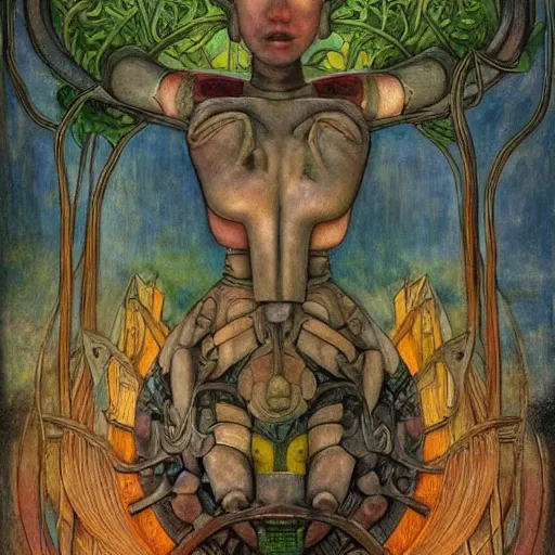 Image similar to robot seizes the forest crown, by Annie Swynnerton and Diego Rivera and Elihu Vedder, symbolist, dramatic lighting, elaborate geometric ornament, tattoos, Art Brut, soft cool colors,smooth, sharp focus, extremely detailed