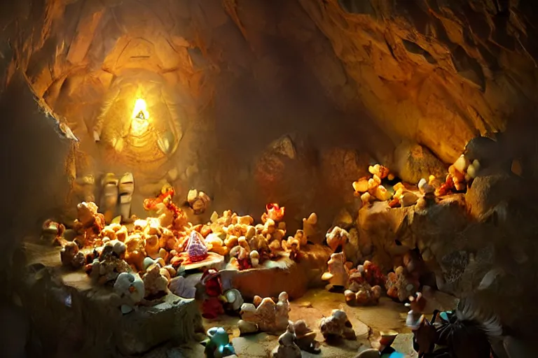 Prompt: a dragon hoarding a pile of teddy bears in a cave, digital art, detailed, soft lighting, cinematic, ultra realistic, art by greg rutkowski, marc simonetti, james gurney